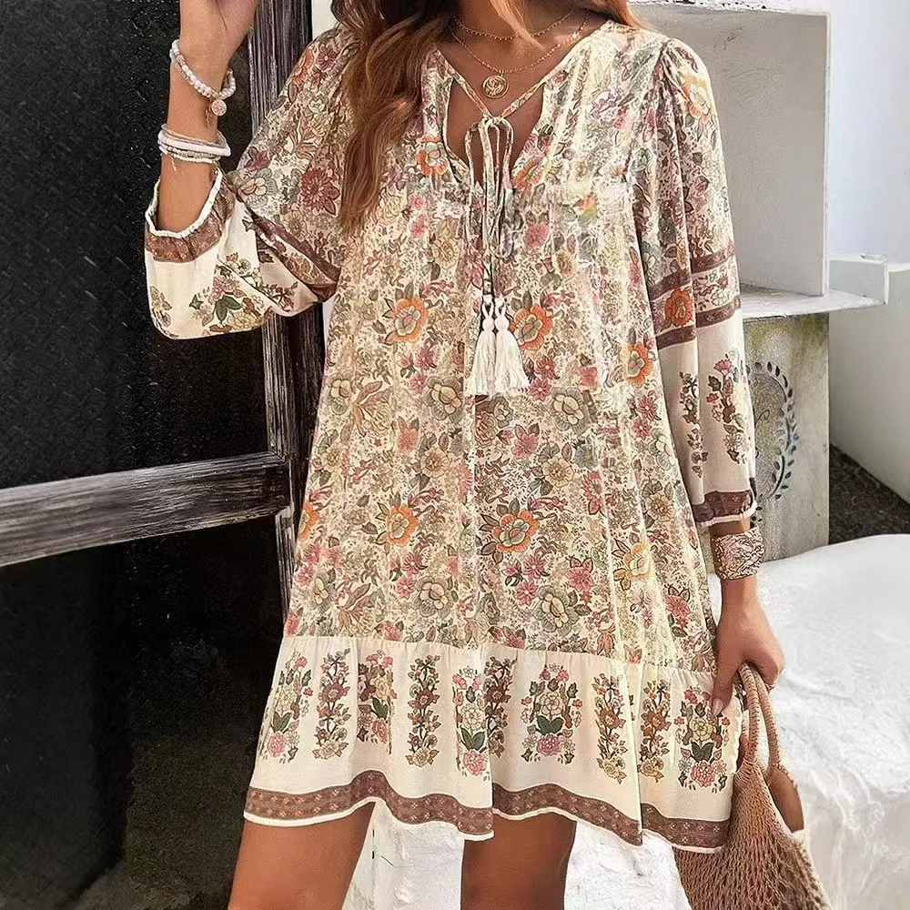 Casual Print Loose Dress For Women Fashion Long Sleeve V Neck Lace-up Vintage Pullover Dresses Lady Boho Holiday Womens Clothing