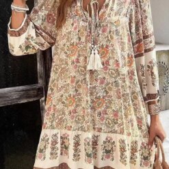 Casual Print Loose Dress for Women Long Sleeve V-Neck Lace-Up