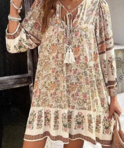 Casual Print Loose Dress for Women Long Sleeve V-Neck Lace-Up