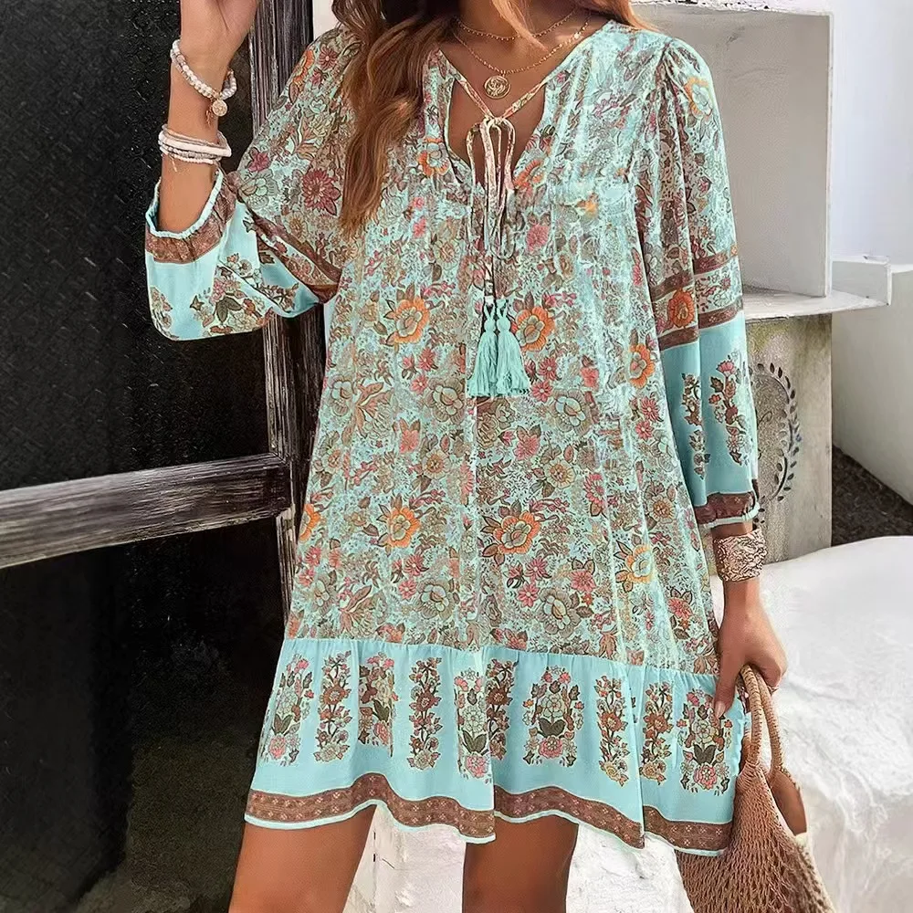 Casual Print Loose Dress For Women Fashion Long Sleeve V Neck Lace-up Vintage Pullover Dresses Lady Boho Holiday Womens Clothing