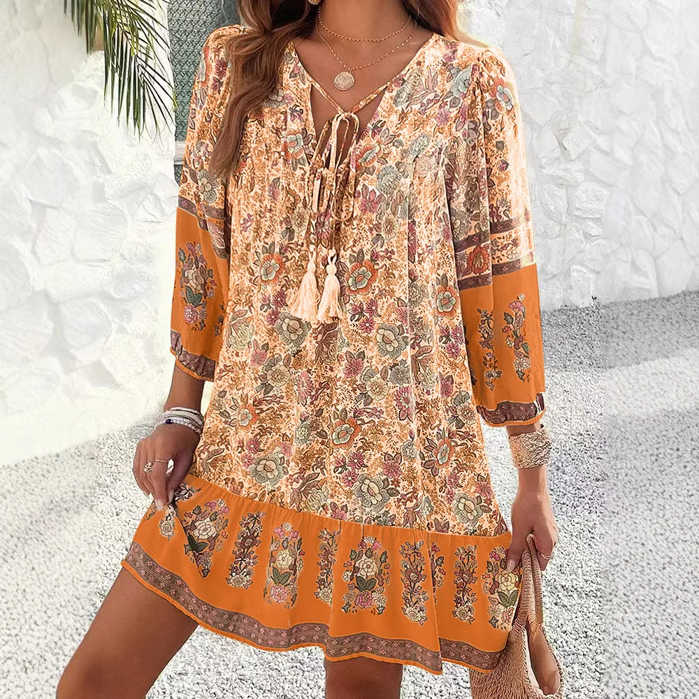 Casual Print Loose Dress For Women Fashion Long Sleeve V Neck Lace-up Vintage Pullover Dresses Lady Boho Holiday Womens Clothing