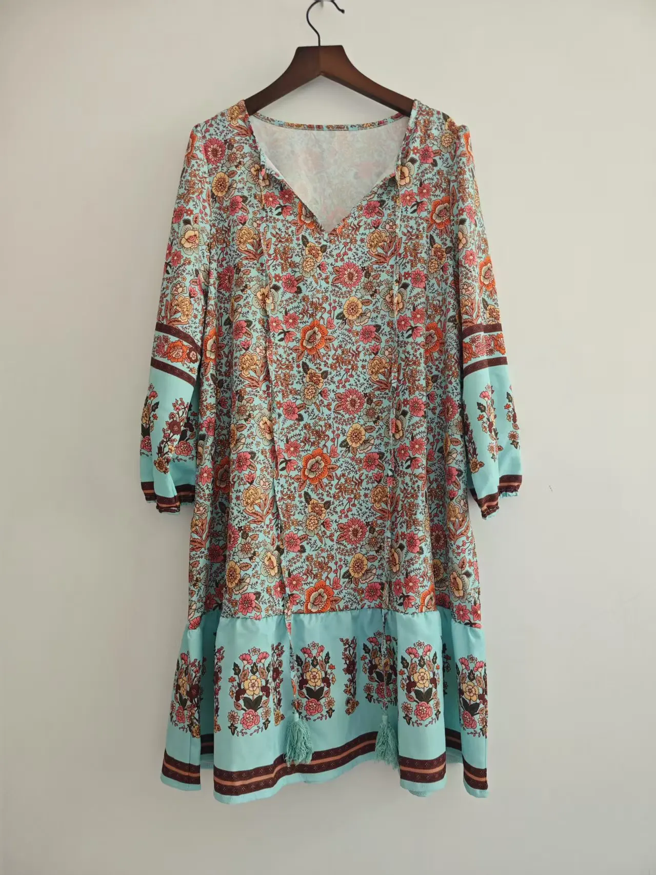 Casual Print Loose Dress For Women Fashion Long Sleeve V Neck Lace-up Vintage Pullover Dresses Lady Boho Holiday Womens Clothing