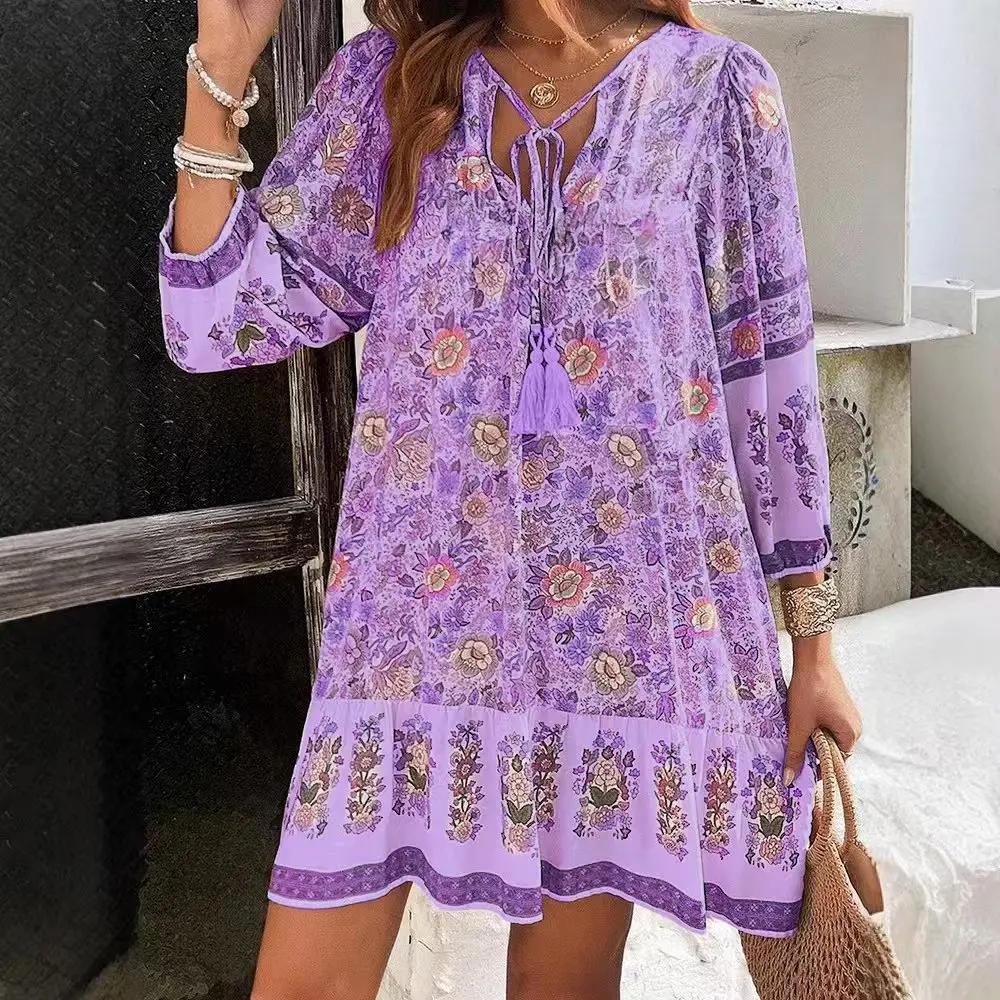 Casual Print Loose Dress For Women Fashion Long Sleeve V Neck Lace-up Vintage Pullover Dresses Lady Boho Holiday Womens Clothing