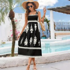 Women Boho Elastic Strap Maxi Dress Black White Tribal Print