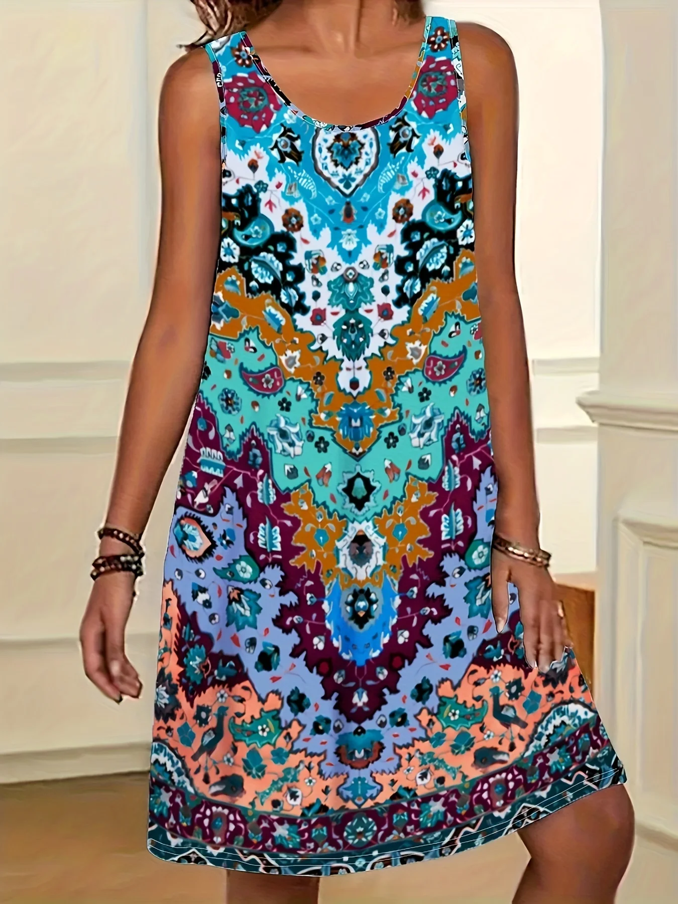 Women's Bohemian Sleeveless Round Neck Dress A Line Knee Female Clothing Casual Floral Midi Dress Dresses Summer Wear For Women