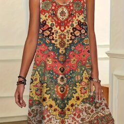 Womens Bohemian Sleeveless Round Neck Dress A-Line Knee