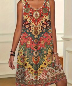Womens Bohemian Sleeveless Round Neck Dress A-Line Knee