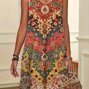 Women's Bohemian Sleeveless Round Neck Dress A Line Knee Female Clothing Casual Floral Midi Dress Dresses Summer Wear For Women