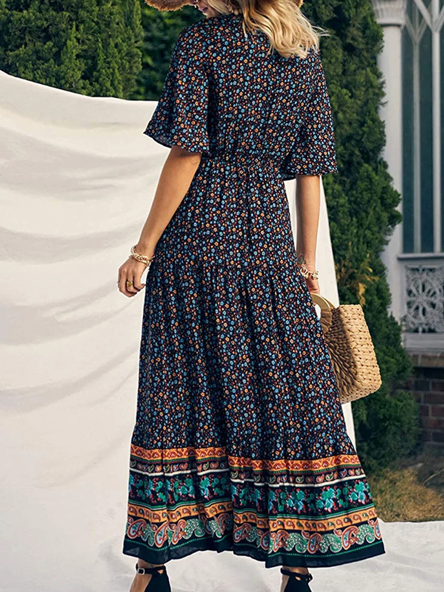 Elegant Casual Long Dress Boho Print Design Short Sleeve V Neck Summer Dress For Women 2024 Fashion