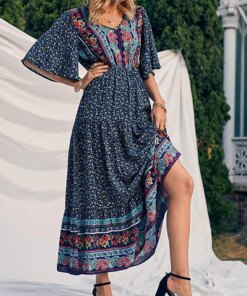 Elegant Casual Long Dress Boho Print Design Short Sleeve V-Neck