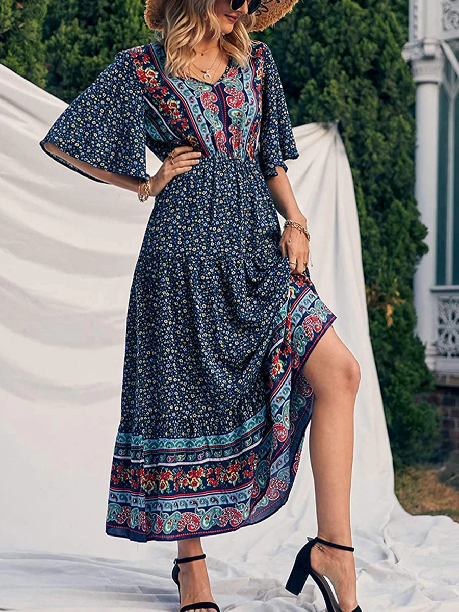 Elegant Casual Long Dress Boho Print Design Short Sleeve V Neck Summer Dress For Women 2024 Fashion