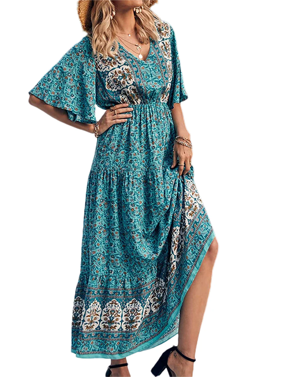 Elegant Casual Long Dress Boho Print Design Short Sleeve V Neck Summer Dress For Women 2024 Fashion