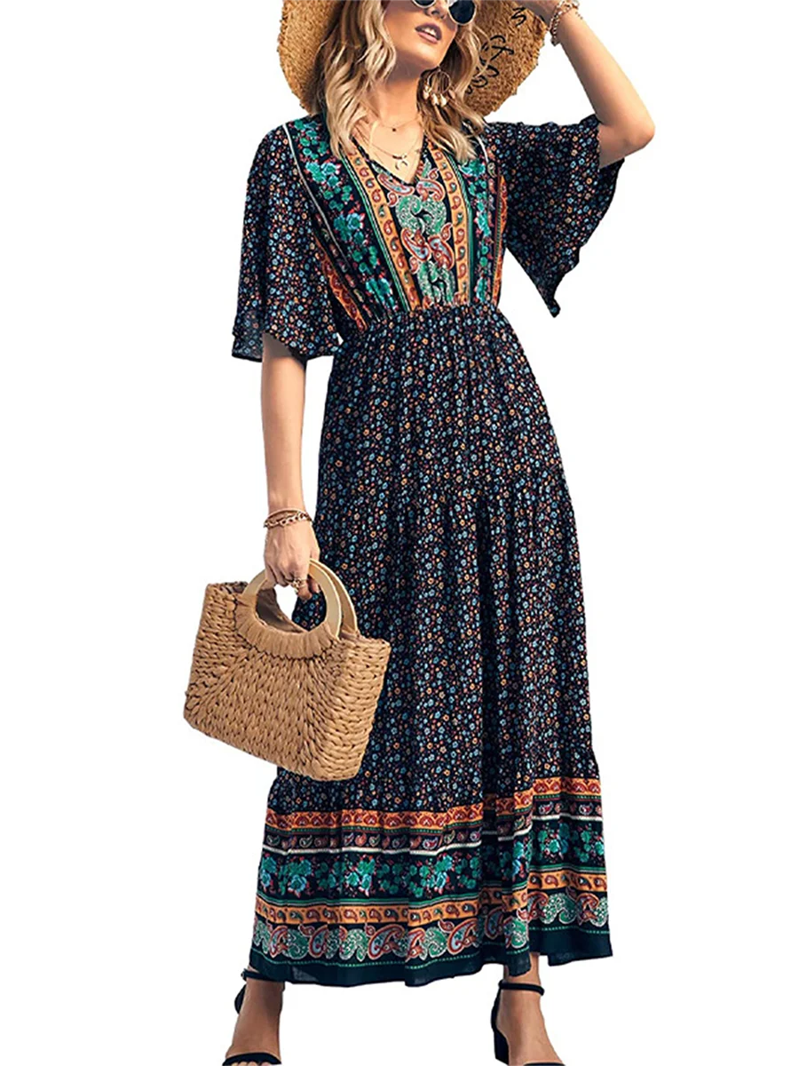 Elegant Casual Long Dress Boho Print Design Short Sleeve V Neck Summer Dress For Women 2024 Fashion