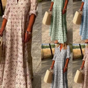 Women Fashion Boho Print Long Dress Autumn Long Sleeve V Neck Vintage Dresses Casual Loose Holiday Comfortable Dress Robe Femme 10 32246 3445yi