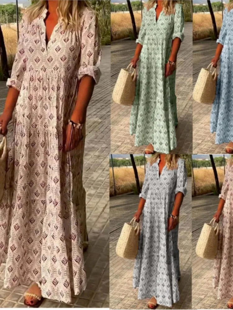 Women Fashion Boho Print Long Dress Autumn Long Sleeve V Neck Vintage Dresses Casual Loose Holiday Comfortable Dress Robe Femme 5 32246 3445yi