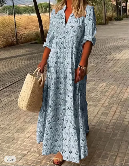 Women Fashion Boho Print Long Dress Autumn Long Sleeve V Neck Vintage Dresses Casual Loose Holiday Comfortable Dress Robe Femme