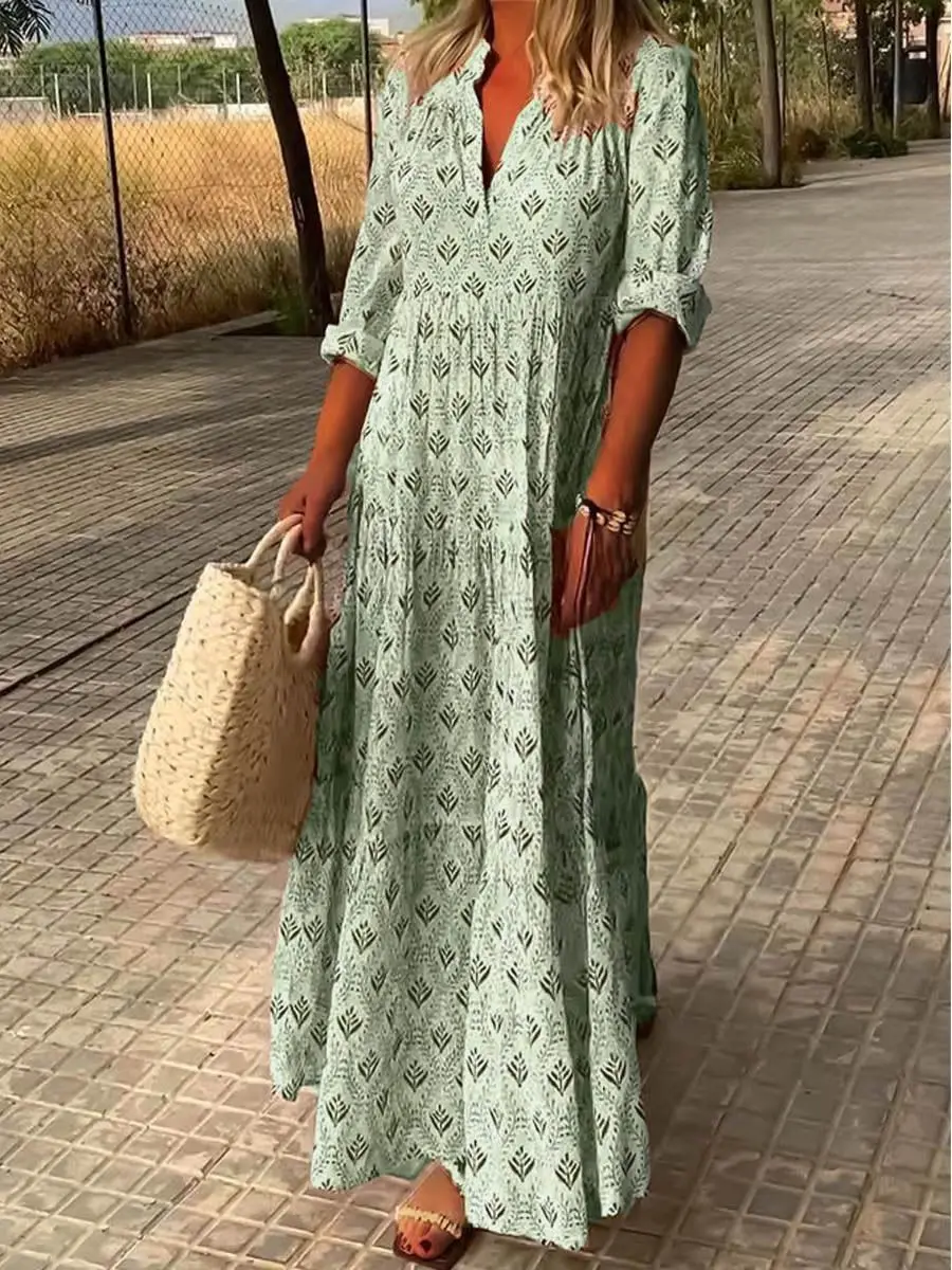 Women Fashion Boho Print Long Dress Autumn Long Sleeve V Neck Vintage Dresses Casual Loose Holiday Comfortable Dress Robe Femme