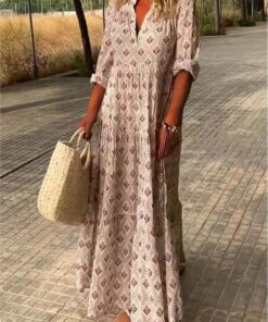 Women Fashion Boho Print Long Dress Autumn Long Sleeve V-Neck