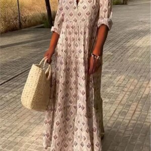 Women Fashion Boho Print Long Dress Autumn Long Sleeve V Neck Vintage Dresses Casual Loose Holiday Comfortable Dress Robe Femme