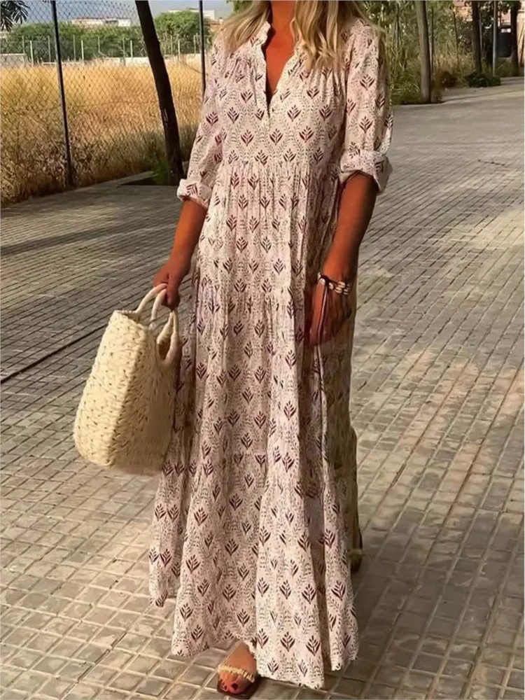 Women Fashion Boho Print Long Dress Autumn Long Sleeve V Neck Vintage Dresses Casual Loose Holiday Comfortable Dress Robe Femme 1 32246 lbd1pp