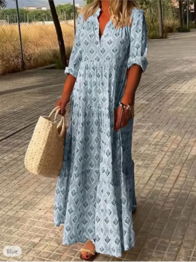 Women Fashion Boho Print Long Dress Autumn Long Sleeve V Neck Vintage Dresses Casual Loose Holiday Comfortable Dress Robe Femme 2 32246