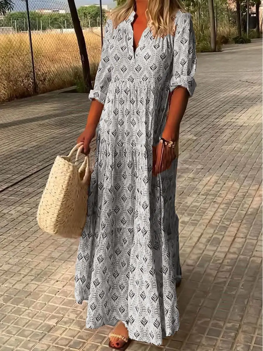 Women Fashion Boho Print Long Dress Autumn Long Sleeve V Neck Vintage Dresses Casual Loose Holiday Comfortable Dress Robe Femme