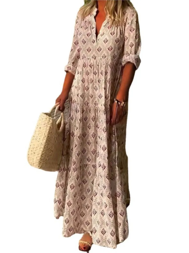 Women Fashion Boho Print Long Dress Autumn Long Sleeve V Neck Vintage Dresses Casual Loose Holiday Comfortable Dress Robe Femme 6 32246 tvfsjp