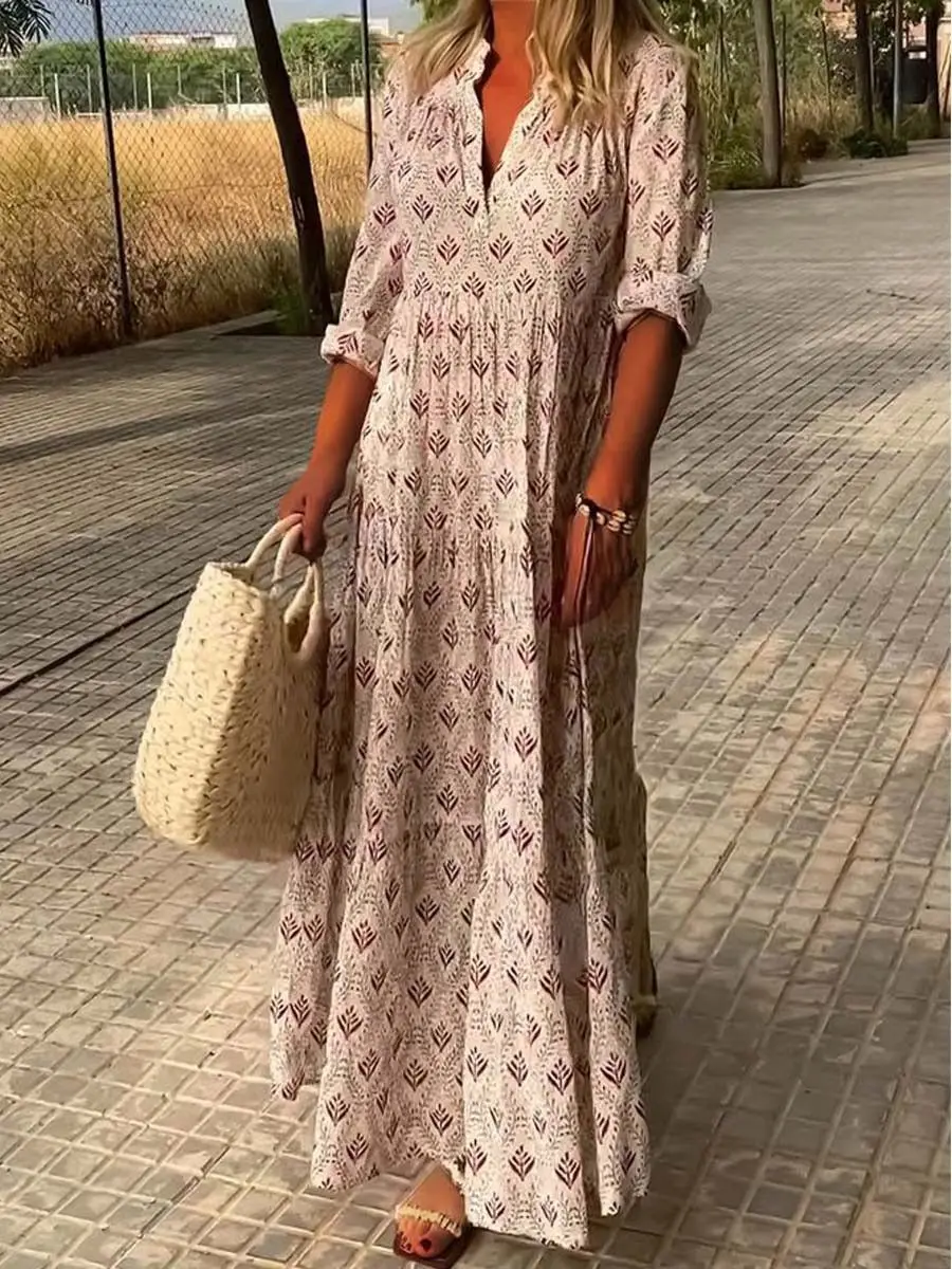 Women Fashion Boho Print Long Dress Autumn Long Sleeve V Neck Vintage Dresses Casual Loose Holiday Comfortable Dress Robe Femme