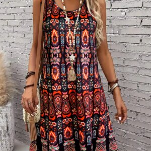 Women's Vintage All-Over Print Sleeveless Dress - Off-Shoulder Summer Sundress, Casual Boho Beach Dress