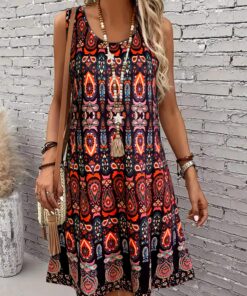 Womens Vintage All Over Print Sleeveless Dress Off Shoulder