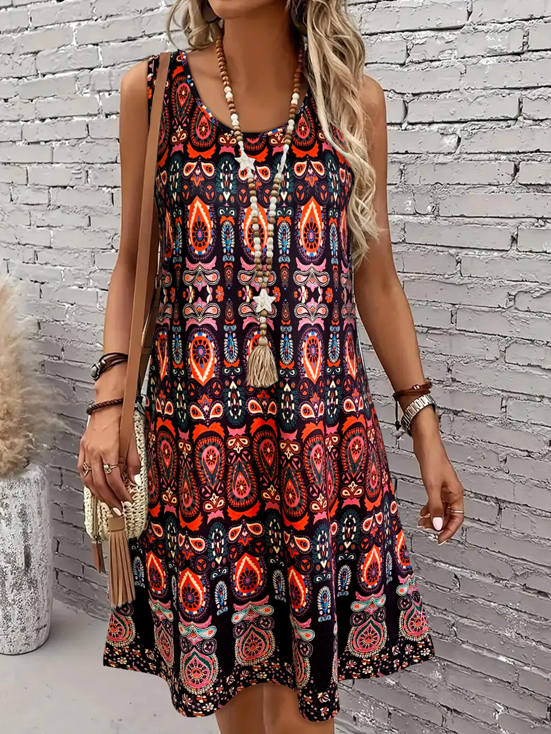 Women's Vintage All-Over Print Sleeveless Dress - Off-Shoulder Summer Sundress, Casual Boho Beach Dress