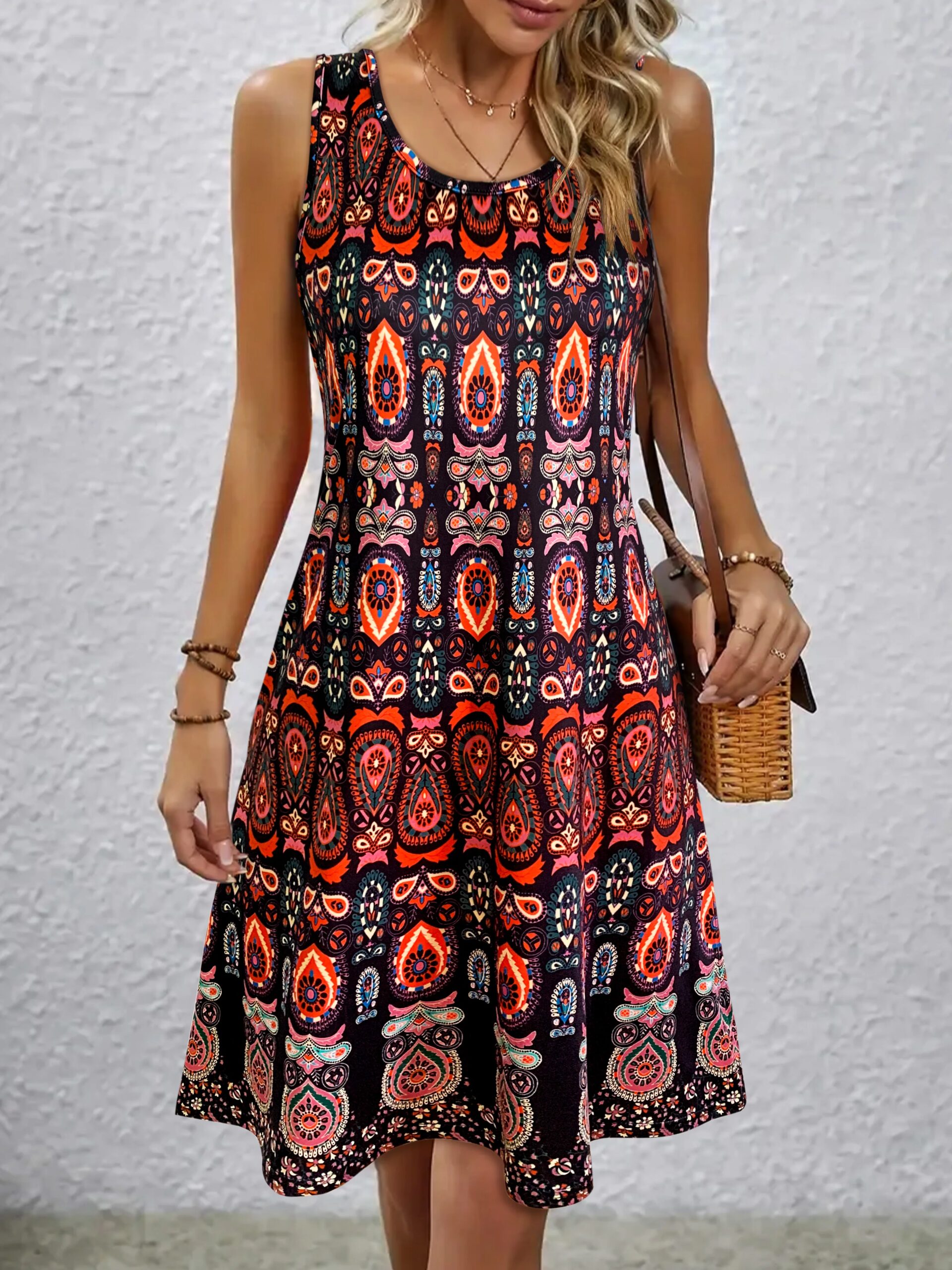 Women's Vintage All-Over Print Sleeveless Dress - Off-Shoulder Summer Sundress, Casual Boho Beach Dress
