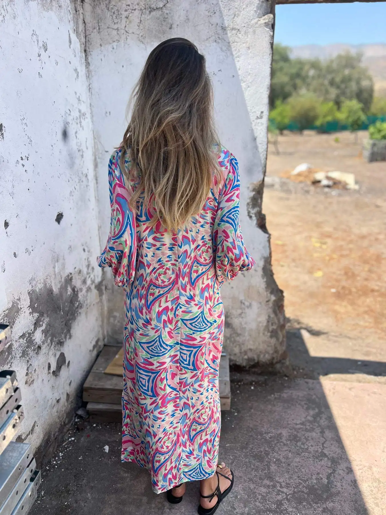 Spring Women's Long Sleeve Casual Style Polyester Material 2025 New Fashion Printed Leopard Pattern V-neck Loose Boho Robe Dress