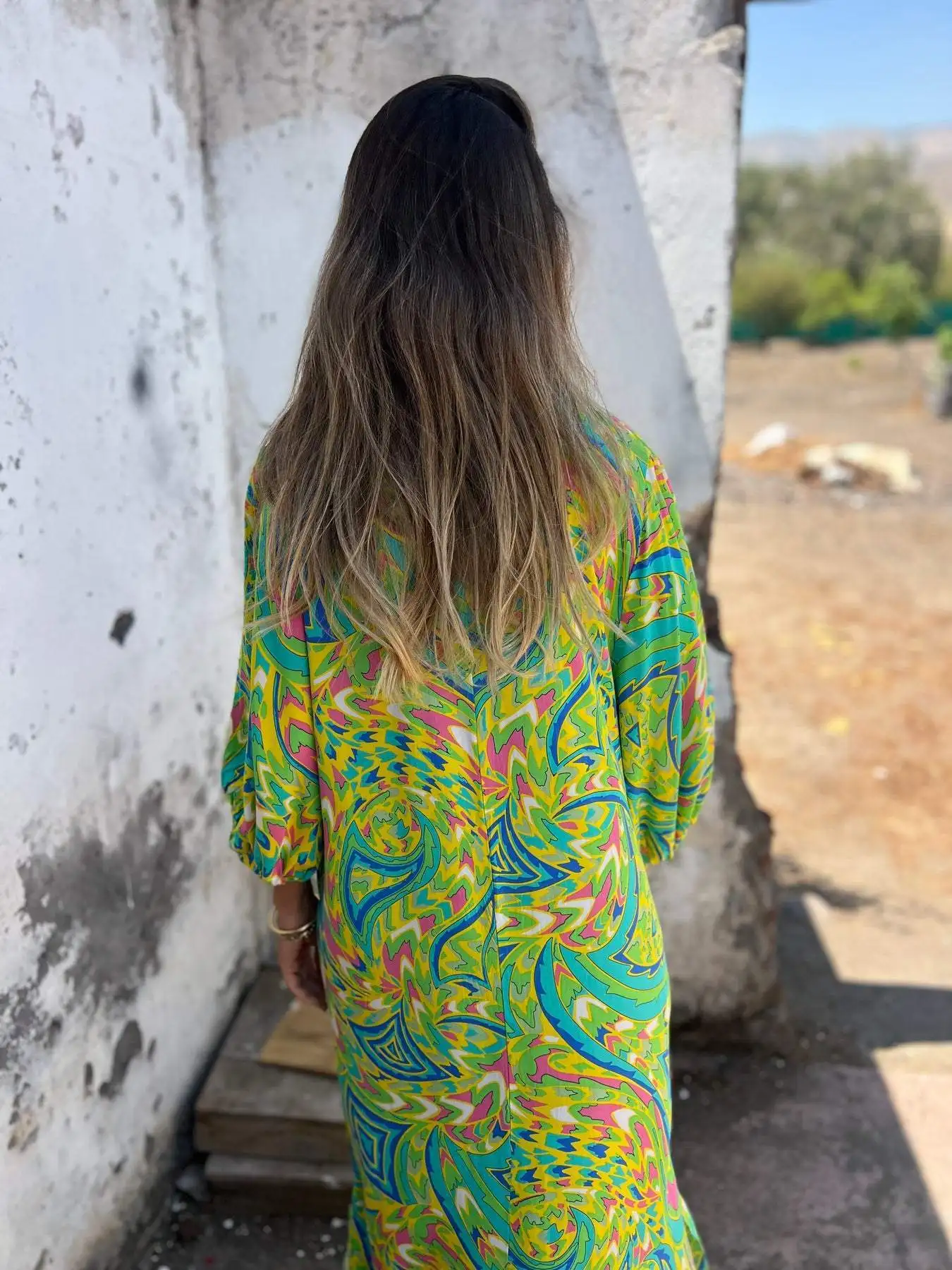 Spring Women's Long Sleeve Casual Style Polyester Material 2025 New Fashion Printed Leopard Pattern V-neck Loose Boho Robe Dress