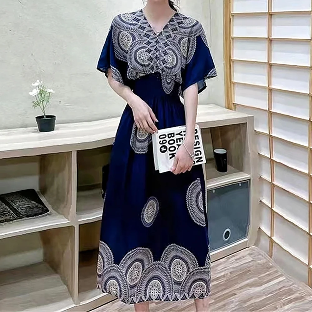 Bohemian Beach Midi Dress Floral Print Vintage V-Neck Elastic Waist Large Swing Loose Elegant Tea Evening Party Dresses 2024