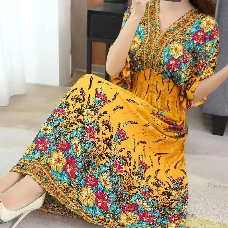 Bohemian Beach Midi Dress Floral Print Vintage V-Neck Elastic Waist Large Swing Loose Elegant Tea Evening Party Dresses 2024