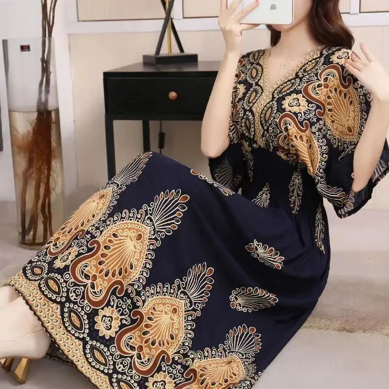 Bohemian Beach Midi Dress Floral Print Vintage V-Neck Elastic Waist Large Swing Loose Elegant Tea Evening Party Dresses 2024