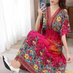 Bohemian Beach Midi Dress Floral Print Vintage V-Neck