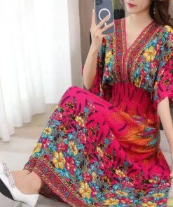 Bohemian Beach Midi Dress Floral Print Vintage V-Neck