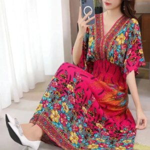 Bohemian Beach Midi Dress Floral Print Vintage V-Neck Elastic Waist Large Swing Loose Elegant Tea Evening Party Dresses 2024