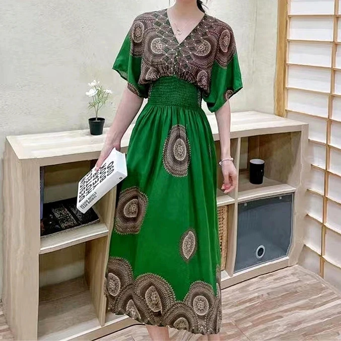 Bohemian Beach Midi Dress Floral Print Vintage V-Neck Elastic Waist Large Swing Loose Elegant Tea Evening Party Dresses 2024