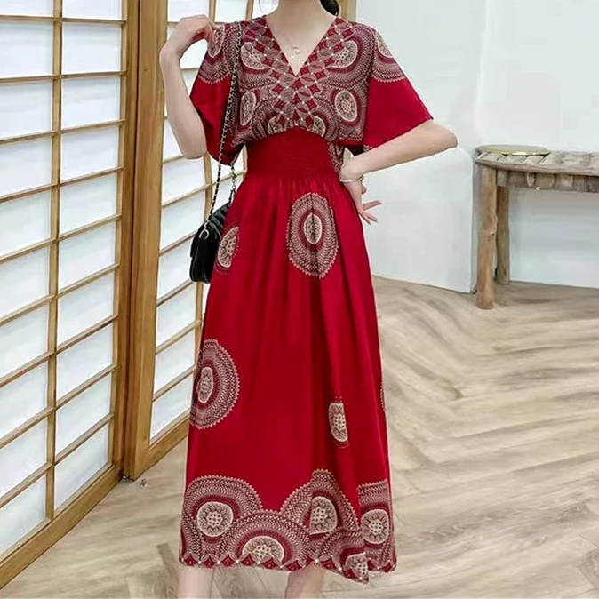 Bohemian Beach Midi Dress Floral Print Vintage V-Neck Elastic Waist Large Swing Loose Elegant Tea Evening Party Dresses 2024