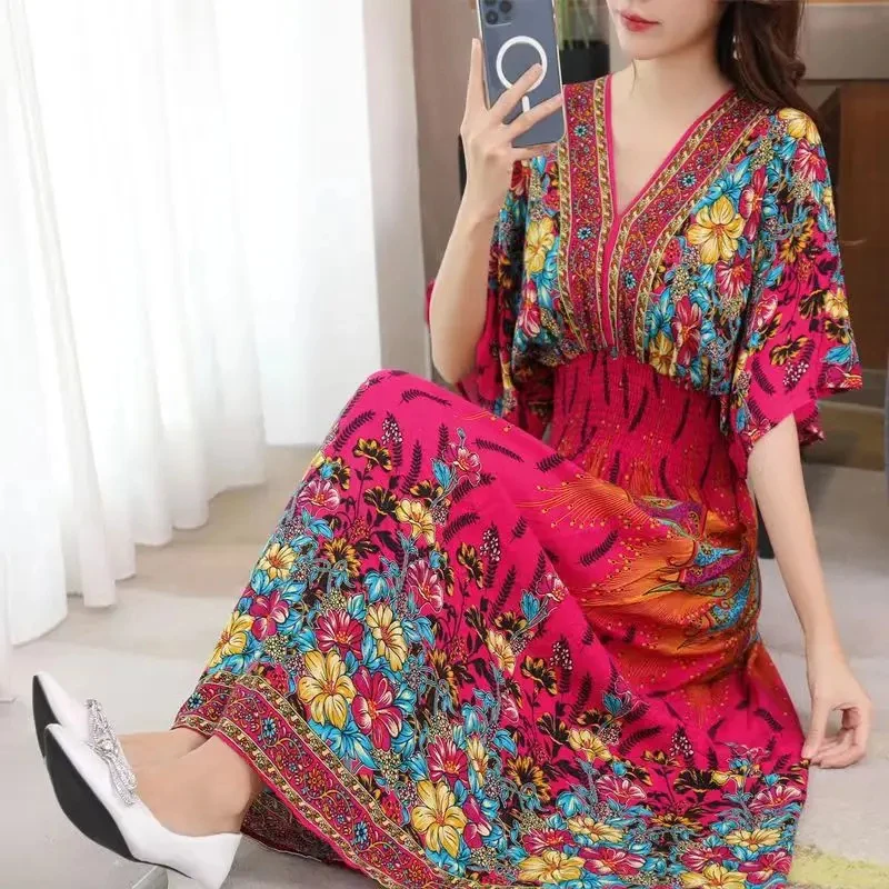 Bohemian Beach Midi Dress Floral Print Vintage V-Neck Elastic Waist Large Swing Loose Elegant Tea Evening Party Dresses 2024