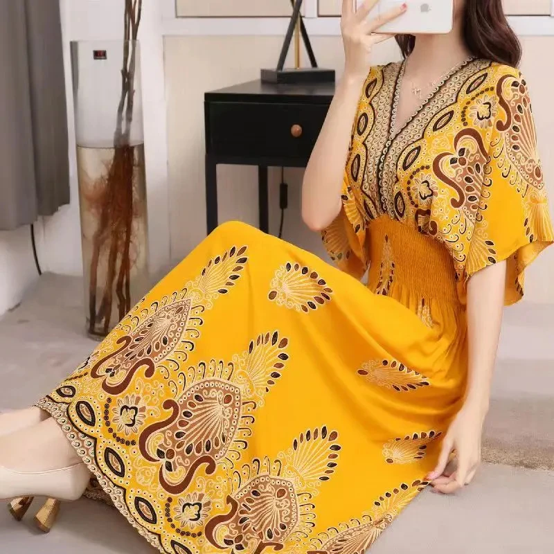 Bohemian Beach Midi Dress Floral Print Vintage V-Neck Elastic Waist Large Swing Loose Elegant Tea Evening Party Dresses 2024