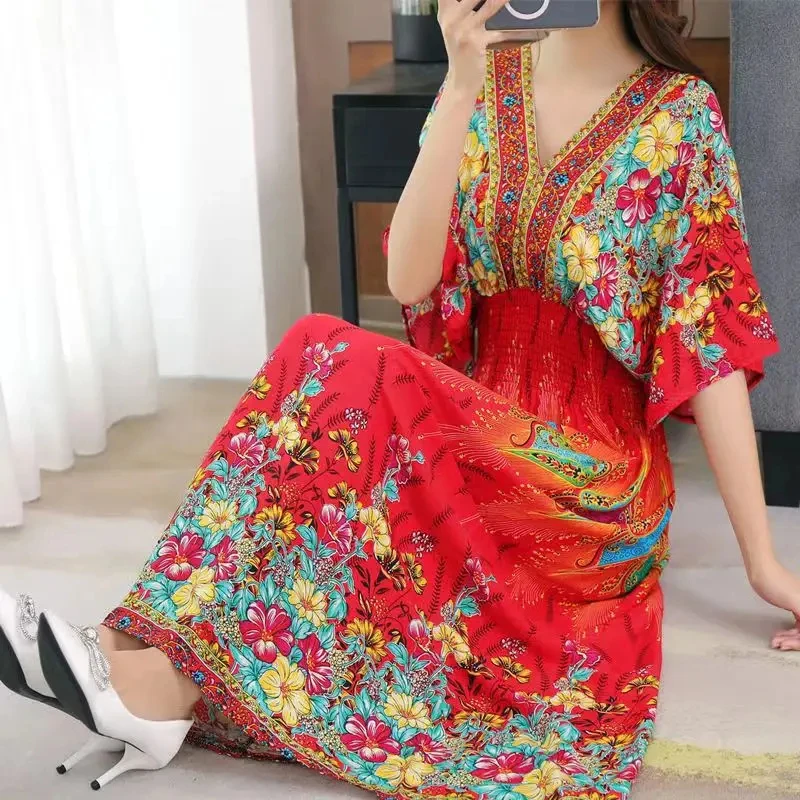 Bohemian Beach Midi Dress Floral Print Vintage V-Neck Elastic Waist Large Swing Loose Elegant Tea Evening Party Dresses 2024
