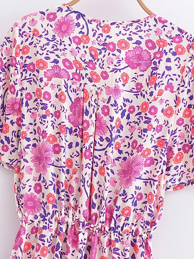 Boho Queens Vintage Women Purple Floral Print Short Sleeve Tassel Ruffles Bohemian Maxi Dresses Ladies V-neck Rayon Boho Dress