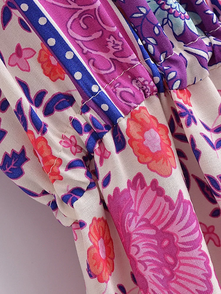 Boho Queens Vintage Women Purple Floral Print Short Sleeve Tassel Ruffles Bohemian Maxi Dresses Ladies V-neck Rayon Boho Dress