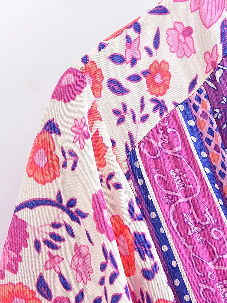 Boho Queens Vintage Women Purple Floral Print Short Sleeve Tassel Ruffles Bohemian Maxi Dresses Ladies V-neck Rayon Boho Dress