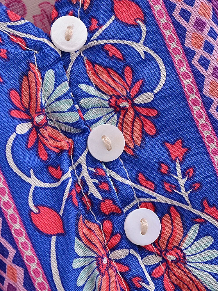 Boho Queens Vintage Women Purple Floral Print Short Sleeve Tassel Ruffles Bohemian Maxi Dresses Ladies V-neck Rayon Boho Dress