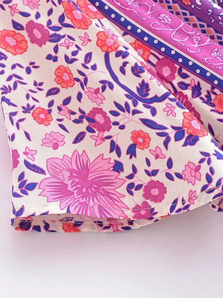 Boho Queens Vintage Women Purple Floral Print Short Sleeve Tassel Ruffles Bohemian Maxi Dresses Ladies V-neck Rayon Boho Dress